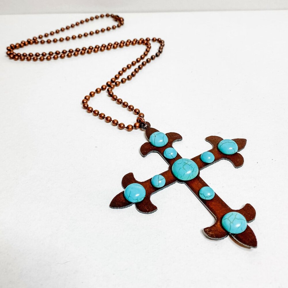 Gorgeous Large Cross with Turquoise Beads Necklace